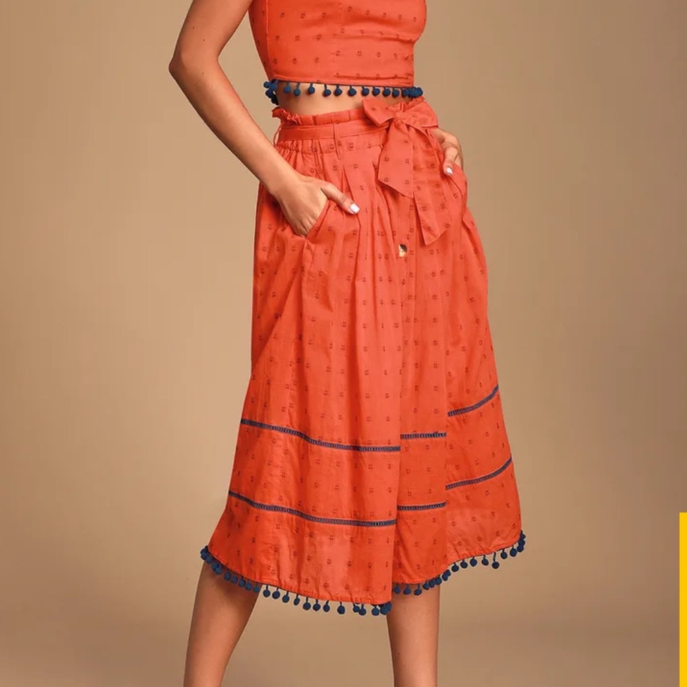 Bal Harbour Red Orange Embroidered Button Front Midi Skirt